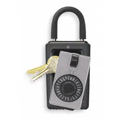 Metal lockbox with powder-coated titanium finish. Mechanical combination lock secures up to three keys. Outside dimensions 5 3/4 in height by 4 1/2 in width. Used for controlled key access at entry points.