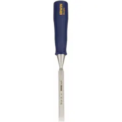 Straight tip shape wood chisel with 1/2 in blade width and 4 1/2 in overall length. Plastic handle. Used for wood shaping, paring, and light chopping in carpentry and woodworking.
