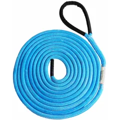Fixed-length HMPE rope sling with 5/8 in diameter and 20 ft length. Rated working load limit of 6,120 lb. Blue color. Used for lifting and rigging in material handling and industrial applications.