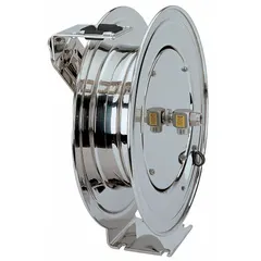 This spring-return hose reel is constructed with stainless steel and finished in silver. It accommodates up to 50 ft of 3/8 in I.D. hose and supports a maximum operating pressure of 3,000 psi. The stainless steel swivel provides corrosion resistance. Typical applications include pressure washing, industrial cleaning, and washdown tasks.