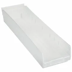 This clear plastic shelf bin is designed for organizing small parts and components in industrial storage systems. With a 23-5/8 in overall length and 6-5/8 in x 4 in dimensions, it allows quick visual identification of contents. The bin is nesting capable for space-saving storage when not in use. It is not hangable and is not electrostatic discharge conductive.
