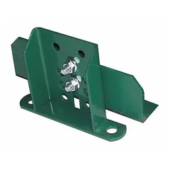 This low-profile permanent mount conveyor support stand is constructed from steel with a green finish. It provides fixed elevation and stabilization for conveyor sections in material handling systems, with a maximum height of 5 9/16 inches.