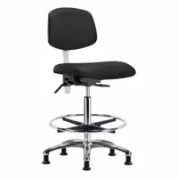 This armless vinyl cleanroom task chair is rated for ISO 5 environments. It features an aluminum base, foot support, and adjustable back tilt (10.5° forward, 13.5° backward) and seat tilt (8° forward, 3° backward). Seat width is 18 1/2 in, depth 17 in, height range 26 1/4 in to 36 in. Not ESD safe