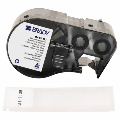 BRADY Wraparound Label: 4 in x 1 in, Vinyl, White (Matte) - Brady Precut Label Roll Cartridges
