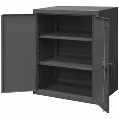 Assembled industrial shelf cabinet with welded steel frame and powder-coated gray finish. Measures 48 x 24 x 42 inches with two adjustable shelves. Features a swing handle and padlock hasp for security, with 12 ga panel thickness. Suitable for storage of tools, parts, and supplies in workshops, warehouses, and maintenance facilities.