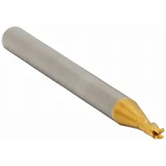 General purpose carbide square end mill with TiN coating for reduced friction and heat. Four-flute design for fine finish. Suitable for CNC and manual milling of metals and composites in tool rooms and production environments.