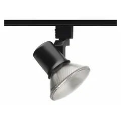 Incandescent flared track head with a black housing. Rated at 50 W, with a diameter of 2 1/8 in and length of 2 3/8 in. Used for accent or directional lighting in track systems.