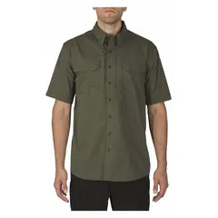 Men's tactical collared work shirt in olive green. Features a button front and short sleeves. Constructed from polyester for professional and field use.