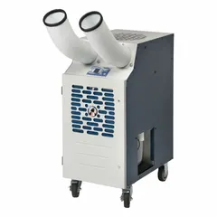 This heavy-duty portable air conditioner provides 13,700 BtuH cooling capacity for indoor use. It operates on 115V AC and covers 450 to 550 sq ft. The unit includes an air filter. Suitable for temporary cooling in workshops, server rooms, or industrial facilities.