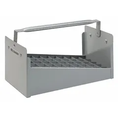 Steel caddy with 50 compartments designed to organize and store 1 in pipe nipples. Measures 6 5/8 in height, 14 1/8 in width, and 7 7/8 in length. Used in maintenance, plumbing, and fabrication shops to keep nipples sorted and accessible.