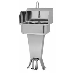 This one-station freestanding hand sink includes a faucet and side splash. Constructed of 18 ga stainless steel, it features a 17 in bowl length and 7 in bowl depth. The faucet delivers a flow rate of 2 gpm. Suitable for commercial settings requiring handwashing stations.