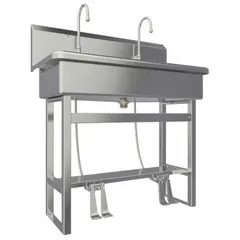 This two-station freestanding wash station with faucets is constructed of 16-gauge stainless steel. It features a 37-inch bowl length and 8-inch bowl depth, with a flow rate of 2 gpm. Side splash is not included. Suitable for commercial handwashing applications where multiple users require simultaneous access.