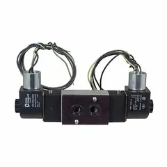 Double solenoid valve with NAMUR mount, 4 ports, and 1/4 in NPT inlet and outlet. Operates on 220V AC. Suitable for pneumatic actuation in hazardous environments requiring Class III, Division II, Group G ratings.