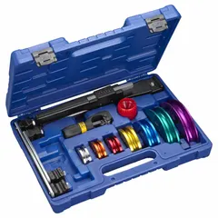 This 11-piece plumbing maintenance tool set includes seven bending mandrels, a pipe cutter, and a pipe reamer, all stored in a tool case. Designed for bending, cutting, and reaming pipe during HVAC and plumbing installations.