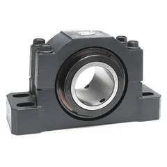 Fixed split-house pillow block tapered roller bearing with 2 15/16 in bore, 3 1/8 in shaft height, 9 1/2 in mounting length, and four holes for 5/8 in bolts. Maximum speed 1,965 RPM. Supports rotating shafts in heavy machinery such as conveyors and crushers.