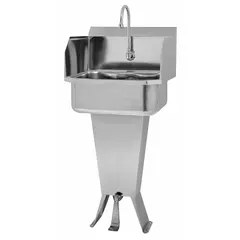 This one-station freestanding hand sink with faucet is constructed from 18-gauge material. It features a 17-inch bowl length and 7-inch bowl depth, with a flow rate of 2 gpm. Side splash is not included. Suitable for commercial restrooms, break rooms, and light industrial wash areas.
