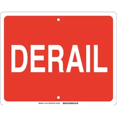 High Intensity Prismatic (HIP) retroreflective derail railroad flag sign with red background. Nominal size 12 x 15 in, 0.09 in thick, with mounting holes for installation. Used to mark derail locations on rail tracks for operator awareness in rail yards and industrial sidings.
