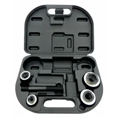 This knockout punch tool kit includes four steel hydraulic punch dies, two power screws, and a carrying case. The dies accommodate a size range of 1/2 in to 1-1/4 in, suitable for creating holes in sheet metal, enclosures, and panels for electrical and plumbing installations.