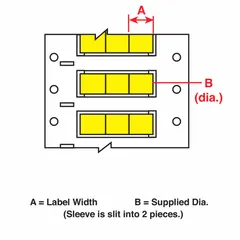 Precut polyolefin sleeve labels in yellow matte finish, sized 1/4 in x 21/32 in, for wire gauges 8 AWG to 12 AWG. Compatible with THT printer series for on-demand identification. Used for marking wires and cables in industrial environments.
