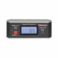 This digital protractor measures angles from -360° to 360° with an accuracy of +/-0.15° and a resolution of 0.05°. It features a backlit LCD display and Relative Measurement Mode. The aluminum and plastic construction is suited for layout, alignment, and setup tasks in machining and fabrication.