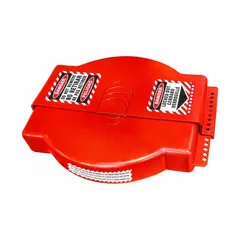 This collapsible gate valve lockout secures hand wheels with diameters from 6 to 15 inches, preventing accidental valve operation during maintenance. Constructed in red, it is used in industrial lockout/tagout procedures to ensure safety compliance.