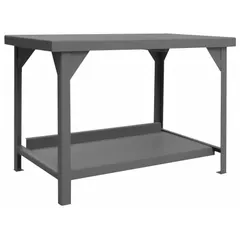 This fixed-height steel workbench features a 60 x 36 inch work surface and a lower shelf for storage. Finished in gray, it supports an overall load capacity of 12,000 lb. Suitable for heavy-duty assembly, maintenance, and industrial workstations in manufacturing and warehouse environments.