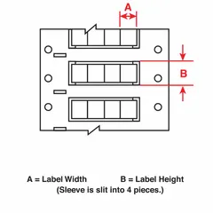 Precut polyolefin sleeve label roll for on-demand wire identification. Black matte finish, 3/8 in x 1/2 in size, fits 4 AWG to 8 AWG wire gauge. Compatible with BBP72 printer series for industrial panel and machine wiring marking.