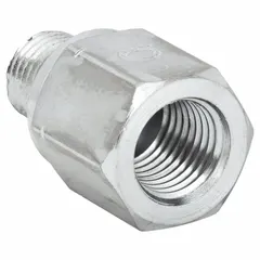 This steel hydraulic hose adapter is a rigid, straight fitting with male Metric thread and female NPT thread, enabling connection between metric and NPT components. It is used in hydraulic and pneumatic systems to join metric-threaded parts to NPT-threaded ports.