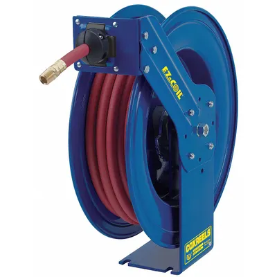 COXREELS Spring Return Hose Reel: 75 ft (1/2 in I.D.), 1/2 in MNPT, 300 psi Max Op Pressure - Controlled-Retraction Air or Water Spring-Return Hose Reels