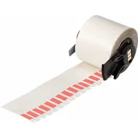 Red matte vinyl wraparound label measuring 1 1/2 in x 1/4 in, designed for wire gauges 10 AWG to 4 AWG. Compatible with M610 printer series and requires M61-R4310 ribbon. Used for permanent identification of wires in electrical panels, industrial equipment, and maintenance applications