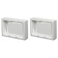 White foam insert designed to secure a paint can inside a case or container. Measures 5 11/16 in x 8 3/16 in x 1 in. Used in packaging and transport to cushion and prevent movement