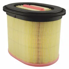 Engine air filter with round-oval shape and axial seal. Overall height 8 1/16 in. Designed for use in Massey Ferguson farm equipment to remove airborne contaminants from intake air.