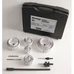 This 25-piece hole saw kit is designed for cutting through wood, metal, plastic, and drywall. The bi-metal construction with 4/6 teeth per inch provides effective multi-material cutting. Maximum cutting depth is 1-1/2 inches. Suitable for on-site jobs and maintenance applications.