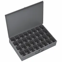 This large compartmented box from DURHAM MFG features 32 fixed compartments, each measuring 3 in x 2-1/8 in x 2-7/8 in, for organizing small parts and hardware. The gray steel construction suits industrial storage applications such as maintenance shops and assembly areas. Overall dimensions are 18-3/8 in x 12-1/2 in x 3-1/8 in. Compatible with model 321B.