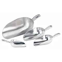 Cast aluminum scoop with a 12 oz capacity in silver finish. Designed for portioning dry ingredients in commercial kitchens, bakeries, and food processing environments. Not NSF certified.