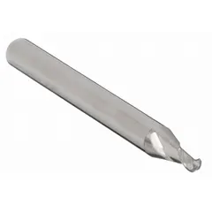 General purpose carbide ball end mill with 3/32" mill diameter, 3/16" length of cut, and 1-1/2" overall length. Two-flute design for efficient chip evacuation. Suitable for creating contoured surfaces, slots, and 3D profiles in metal and plastic workpieces.