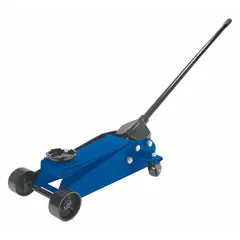 This trolley floor jack features a steel body and a manual handle actuator for mechanical lifting. With a 2.5 ton load capacity, it is suitable for raising vehicles and heavy equipment in automotive repair, industrial maintenance, and workshop settings. Compliant with ASME PASE standards.
