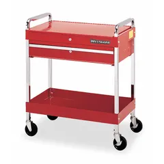 This light-duty tool utility cart is designed for organizing and transporting tools and supplies in workshops and maintenance areas. It features a single drawer with a keyed lock for secure storage of small parts or valuables. The cart has a red frame and drawer, with dimensions of 30 inches wide, 16 inches deep, and 35 inches high, and includes a hinge for access.