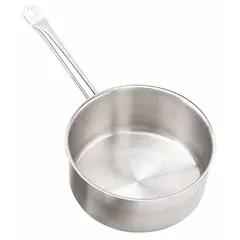 This sauce pan features a straight stainless steel body with a flat cover and riveted stainless steel handle. Suitable for simmering, boiling, and preparing sauces, soups, and side dishes in commercial or heavy-duty home kitchens.