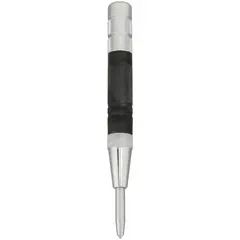 Boxed automatic center punch with 11/16 in shank diameter, 5 1/4 in overall length, and 3/8 in taper length. Used to mark precise center points on metal, wood, or plastic before drilling without requiring a hammer.