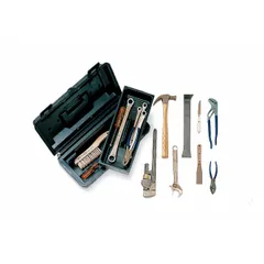 Standard nonsparking tool set containing 16 pieces in a tool box. Includes tongue and groove plier, Phillips screwdriver, pipe wrench, and hammer. Used in environments where sparks from steel tools could ignite flammable gases, vapors, or dust.