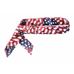 Universal cotton neck bandana with tie closure and adjustment. Provides evaporative cooling for up to 60 minutes per soak. Red/White/Blue Wavy Flag pattern. Suitable for use in hot environments during work or outdoor activities.