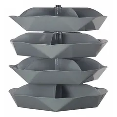 This revolving storage bin from DURHAM MFG features 4 levels with scoop-bottom shelves, each holding 5 bins for organized storage of small parts. Includes hardware for assembly. Commonly used in workshops and warehouses for efficient access to hardware, fasteners, and tools.