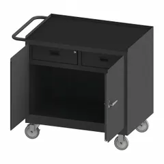 Fully assembled mobile cabinet bench with a gray rubber top and side handle. Overall load capacity of 1,200 lb. Suitable for use as a heavy-duty workstation in industrial workshops, maintenance facilities, and assembly lines, providing a non-slip surface and organized storage with drawers.