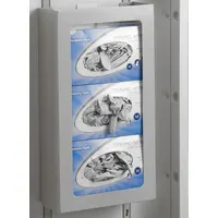 Side-mount accessory for medical carts, constructed of white polymer. Designed to hold a glove box for convenient access. Overall dimensions: 18 3/8 in width, 10 1/8 in depth, 4 in height