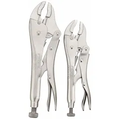 This set includes two curved-jaw locking pliers with max jaw openings of 1 1/2 in and 1 7/8 in, and overall lengths of 7 in and 10 in. Both feature plain grips. Used for clamping, gripping, and holding workpieces in metalworking, fabrication, and maintenance tasks.