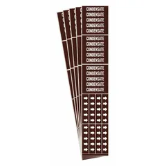 Adhesive pipe marker for identifying condensate lines. Brown background with white legend text and directional arrows. Each pack contains 5 markers, with 3 markers per pack, fitting pipes with an outer diameter of 3/4 inch or smaller. Suitable for use in industrial piping systems where condensate is present.