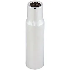 This 1/2" drive hand socket features a 26 mm 12-point deep profile, constructed from chrome. Designed for fastening and loosening metric hex fasteners in automotive, industrial, and maintenance applications. The deep profile allows access to recessed nuts and bolts, while the chrome finish provides corrosion resistance.