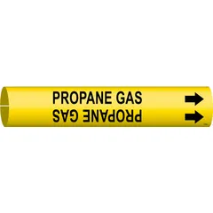 Yellow snap-on pipe marker with black legend reading 'Propane Gas' and directional arrows. Designed for pipe outer diameters from 1-1/2 to 2-3/8 inches. Used to identify propane gas lines in piping systems, aiding in compliance with pipe-marking standards.