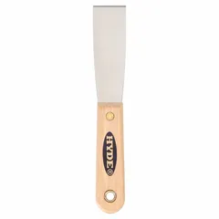 Standard scraper with a stiff, straight carbon steel blade and a straight hardwood handle. Used for applying and smoothing putty, spackle, or filler, as well as general scraping and surface preparation tasks.